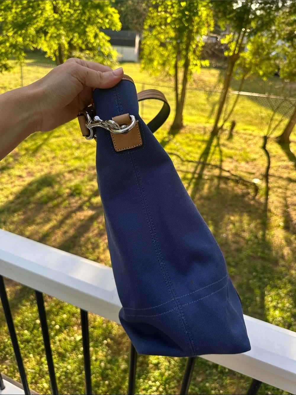 Coach Voyage Blue Canvas Tote Bag Tan Leather Handle Shoulder Bag Lined F77125